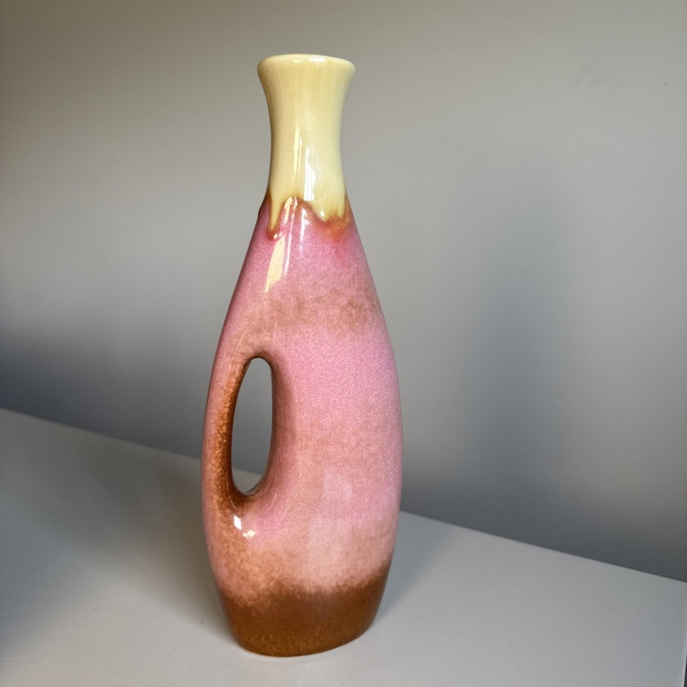 Ceramic bud vase with handle Pink drip glaze 11.5" glossy pastel art calming - Picture 4 of 12